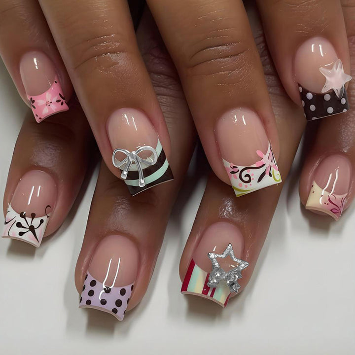 Acrylic Nail Set with Playful Bows and Patterns Kalsten