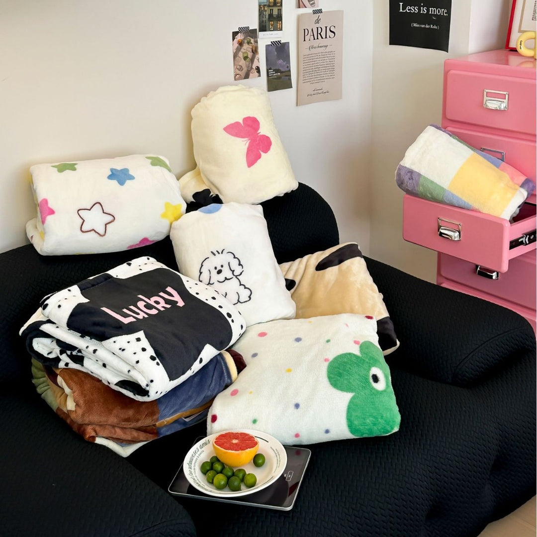 Cozy microfiber throw blanket with cute dog and polka dot print