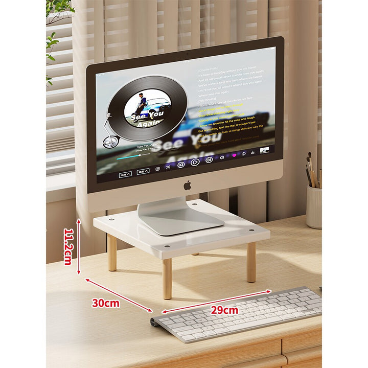 Compact Elevated Monitor Riser Stand with Wooden Legs and Under-Storage