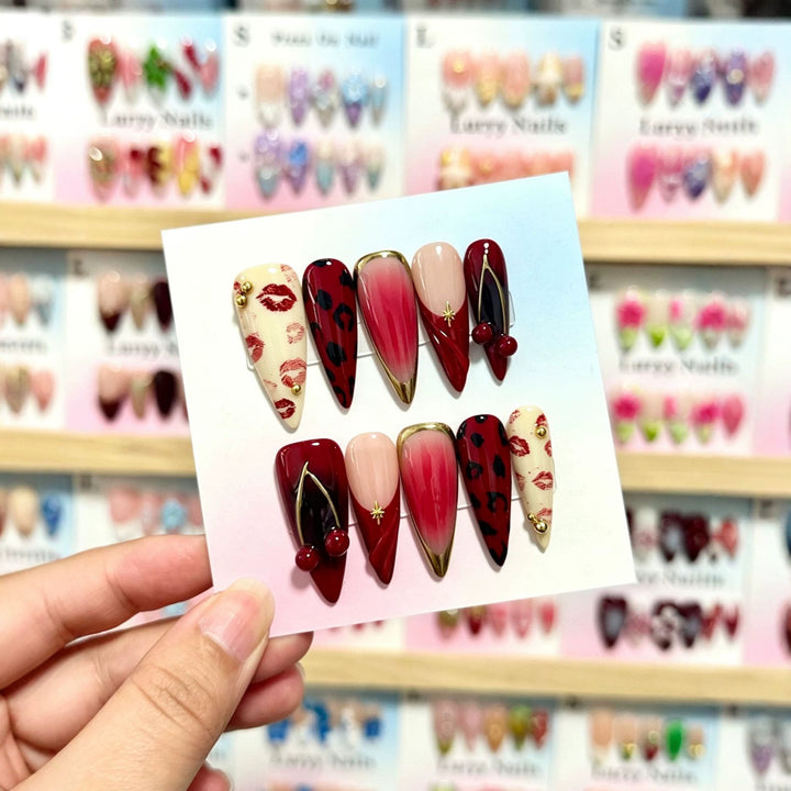 Artistic Press-On Nail Set with Unique Lip and Animal Print Designs
