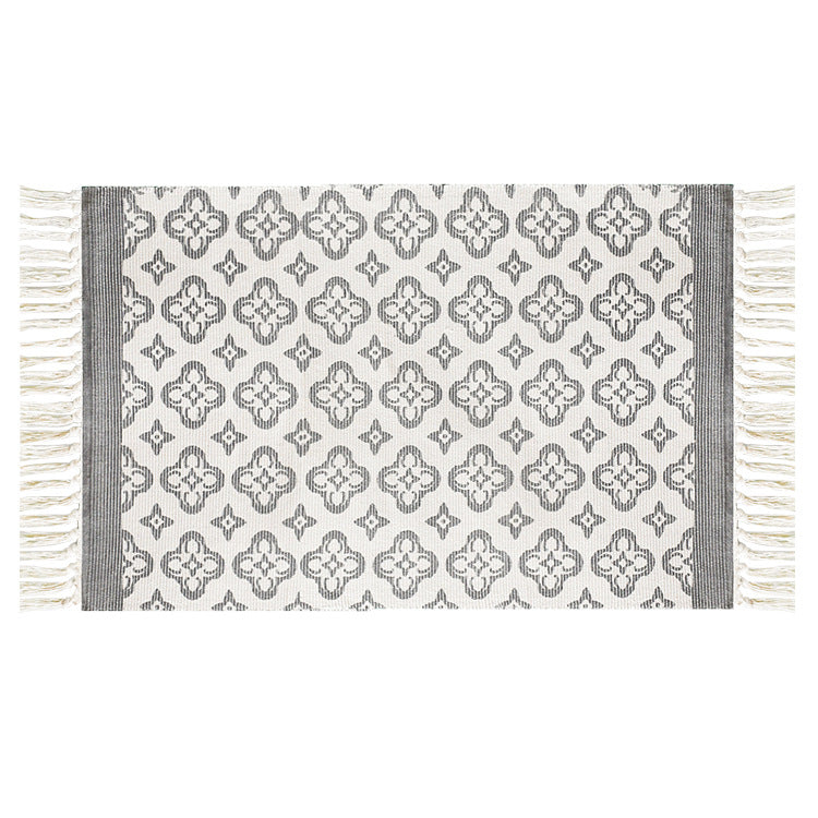 Flat-woven cotton runner with Mediterranean tile jacquard and decorative fringes Kalsten