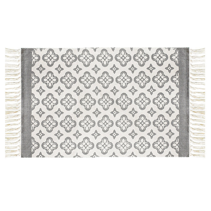 Flat-woven cotton runner with Mediterranean tile jacquard and decorative fringes Kalsten