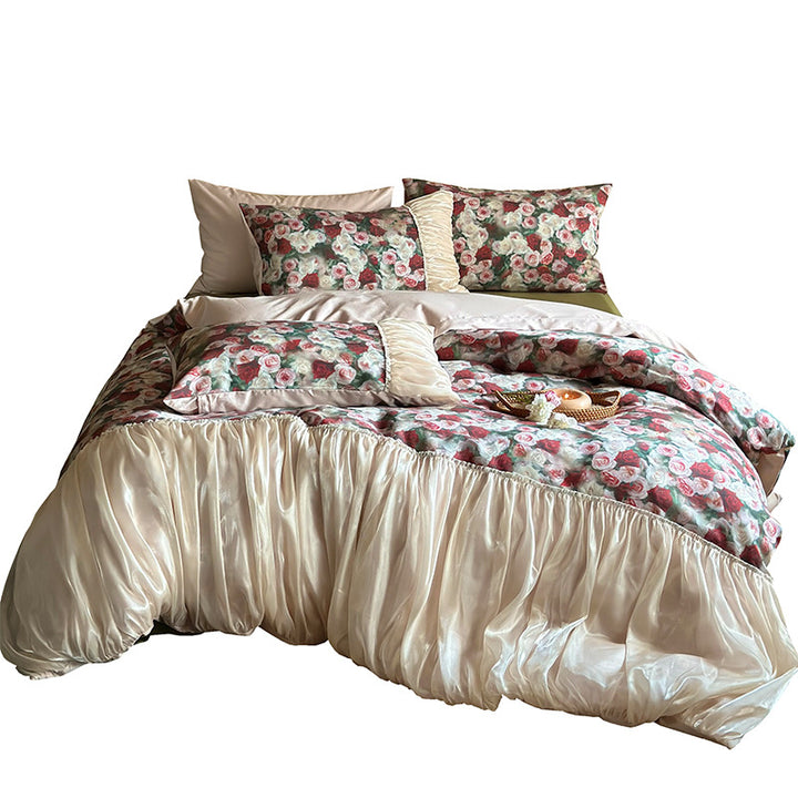 Luxurious satin bedding set with rose pattern and ruffled bed skirt