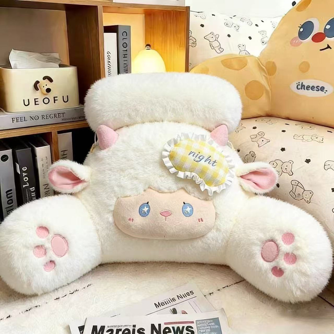 Plush lumbar and reading cushion in sheep shape with neck roll