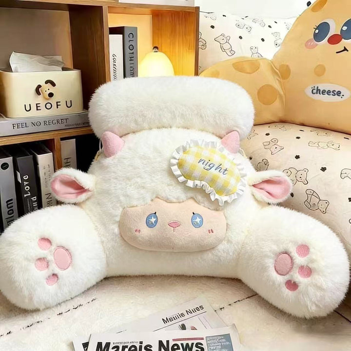 Plush lumbar and reading cushion in sheep shape with neck roll