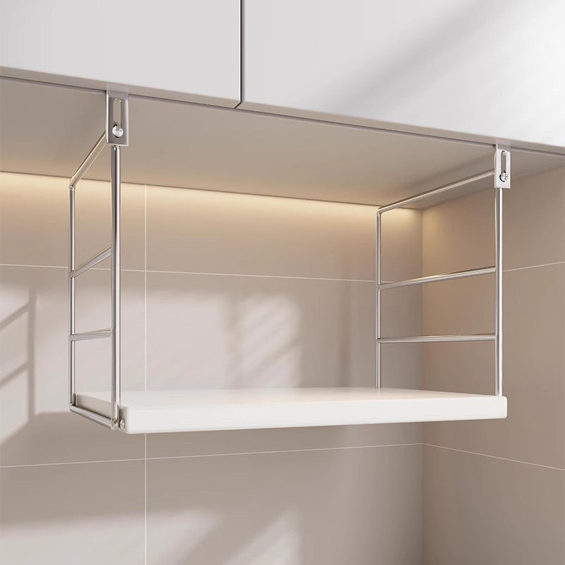 Under-Cabinet Stainless Steel Microwave Shelf with Sliding Tray and Adjustable Hooks