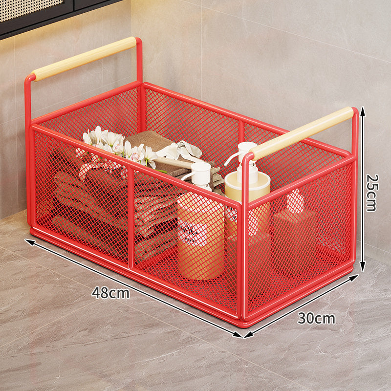 Mesh Metal Storage Organizer Basket with Wooden Grip Handles