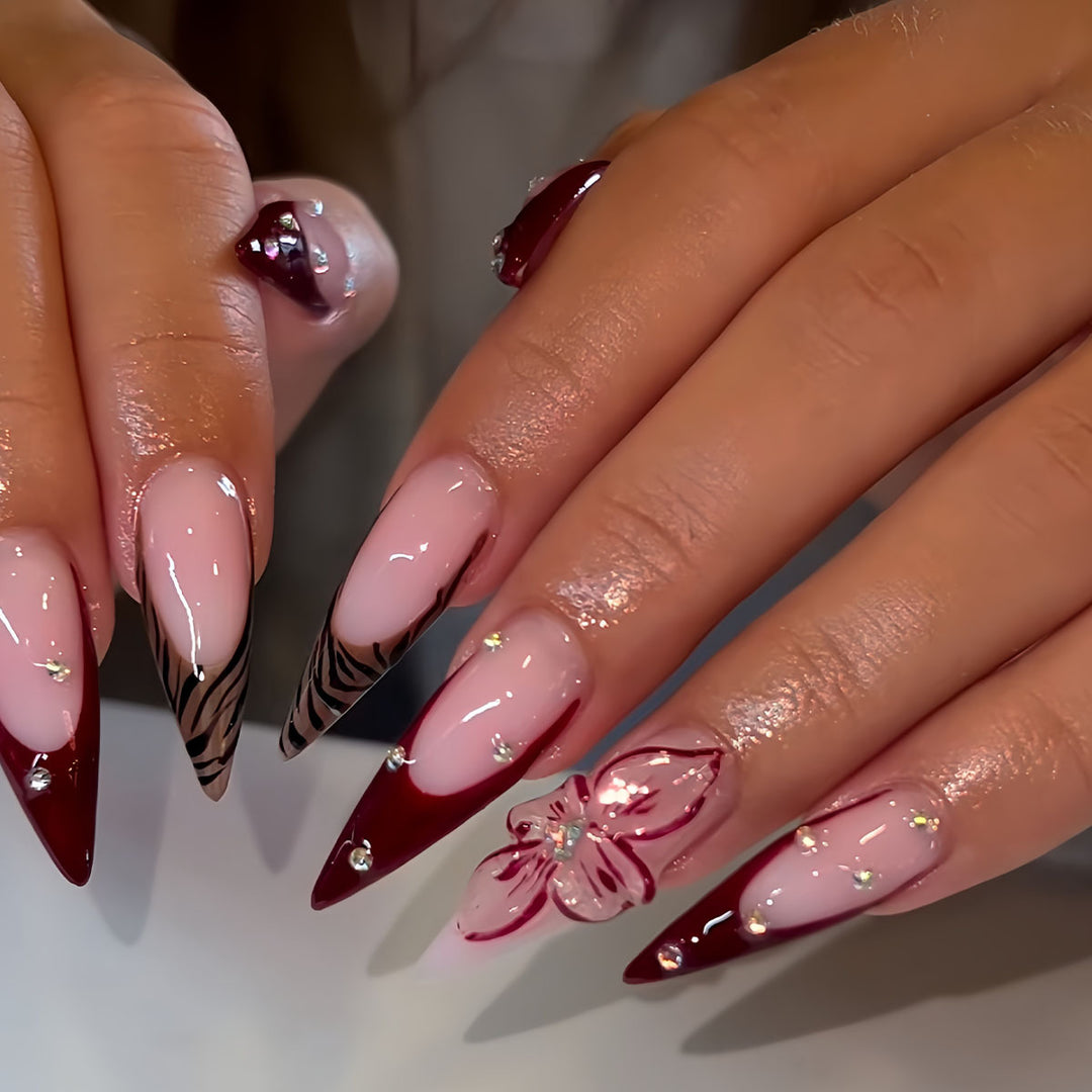 Elegant Stiletto Press-On Nail Art Set with Floral and Geometric Designs Kalsten