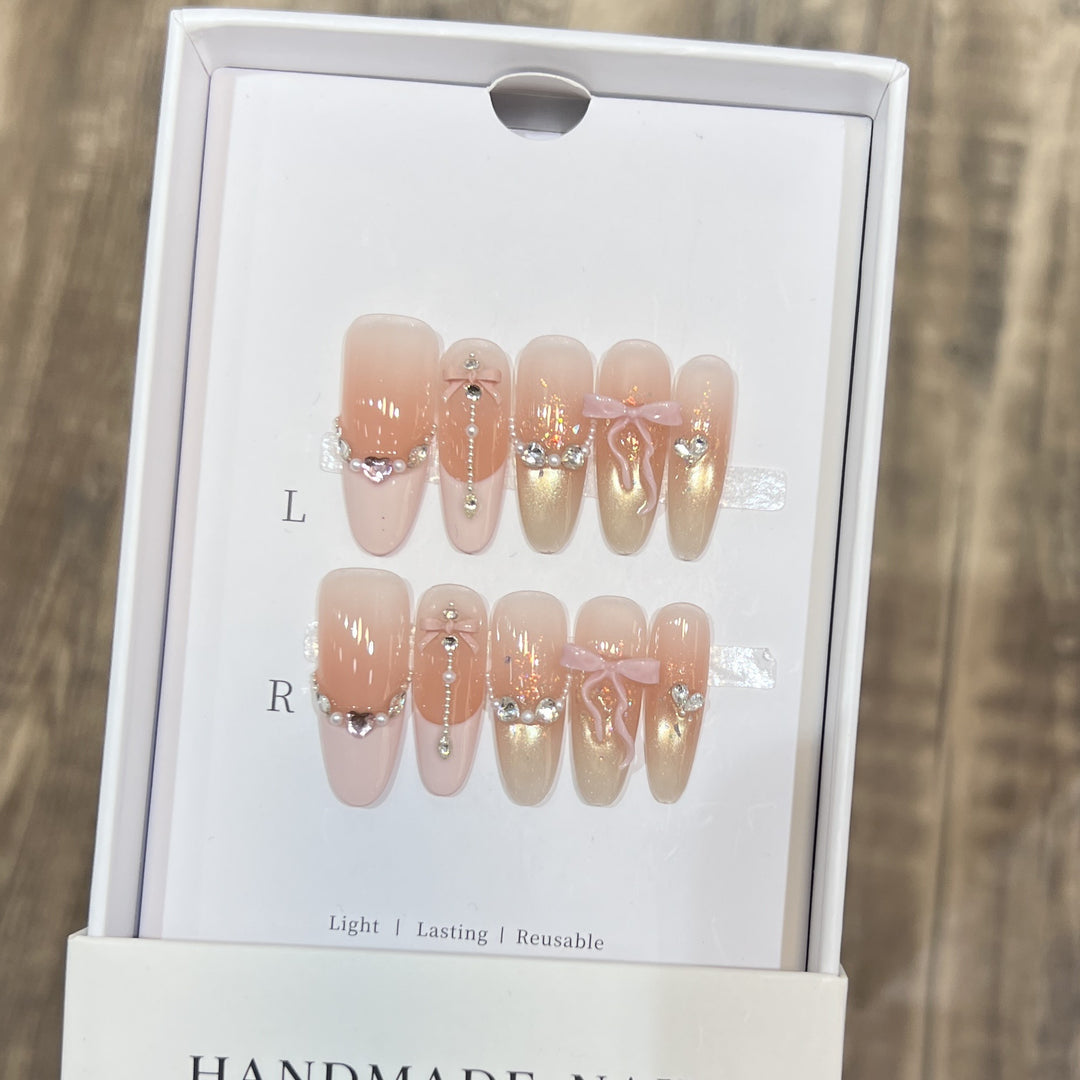 Decorative Stiletto Press-On Nail Art Set with Elegant Ribbons and Gems Kalsten