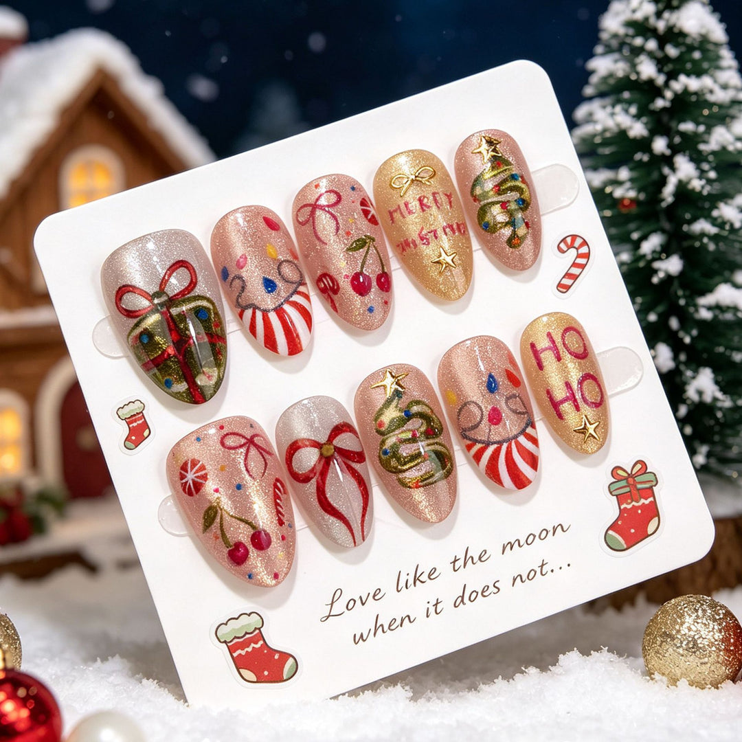 Festive Holiday-Themed Press-On Nail Art Set 1790738548