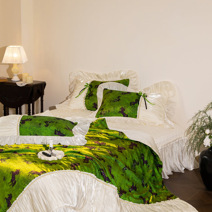 Exclusive satin bedding set with horse print, pleated ruffles and decorative trim