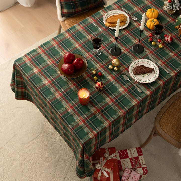 Checked Festive Tablecloth with Pom-Pom Trim and Dense Flannel Fabric