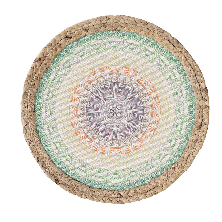 Round woven table mat made of jute with mandala cotton overlay Kalsten