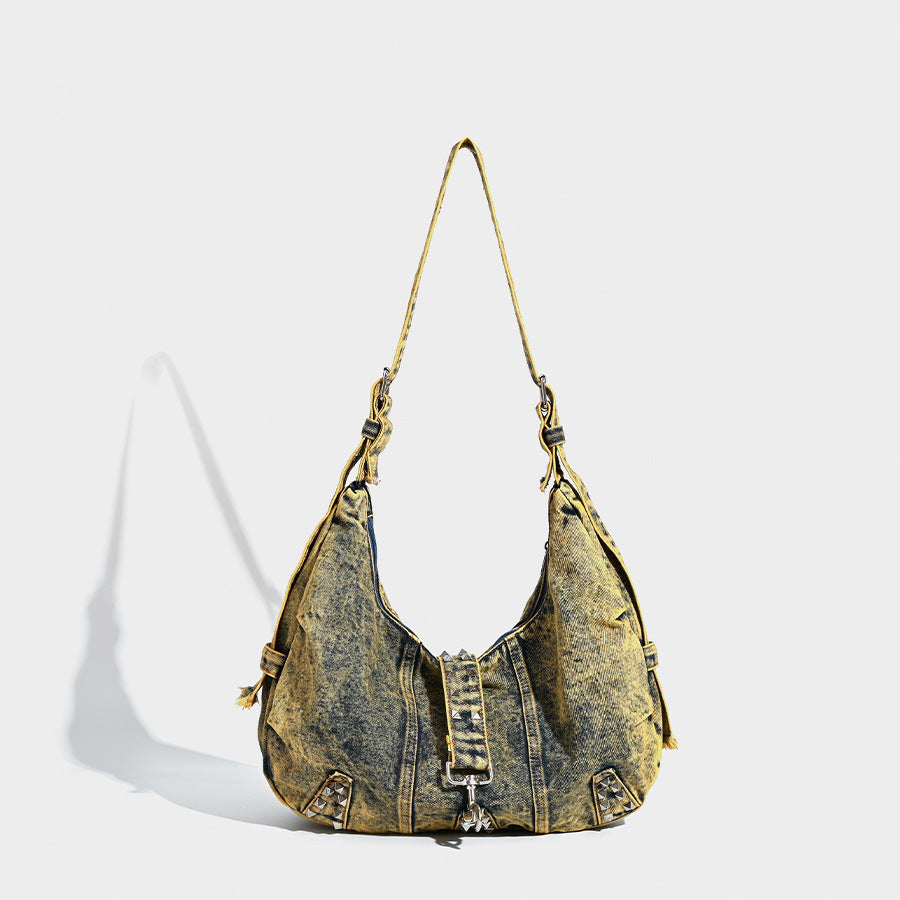 Distressed Denim Hobo Bag with Studded Accents