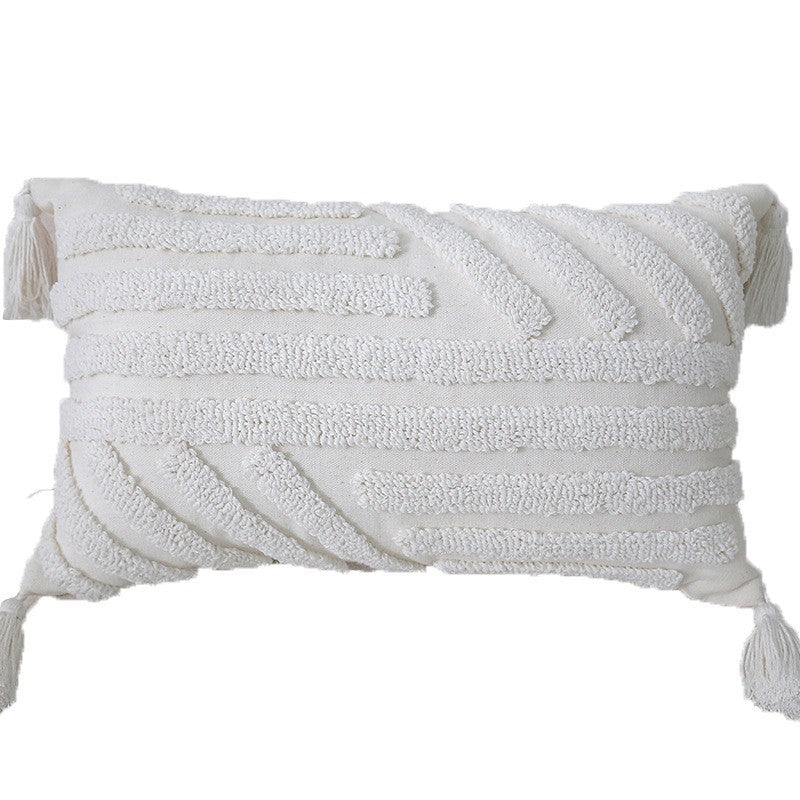 Boho Textured Tufted Cotton Throw Pillow with Diamond Geometric Tufting and Corner Tassels