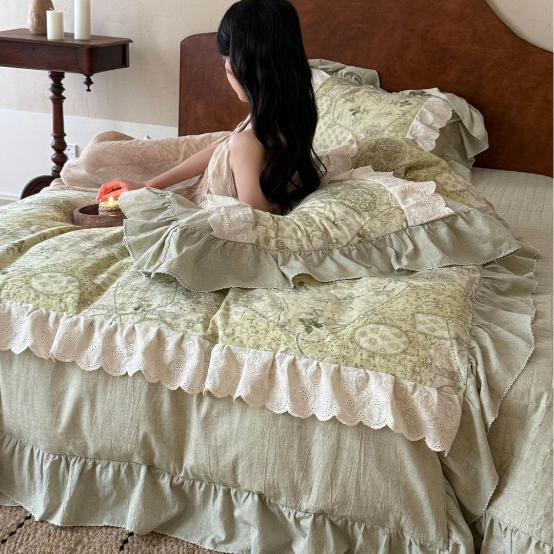 Romantic cotton satin bedding set with floral stripe pattern, ruffle, and decorative pillowcases