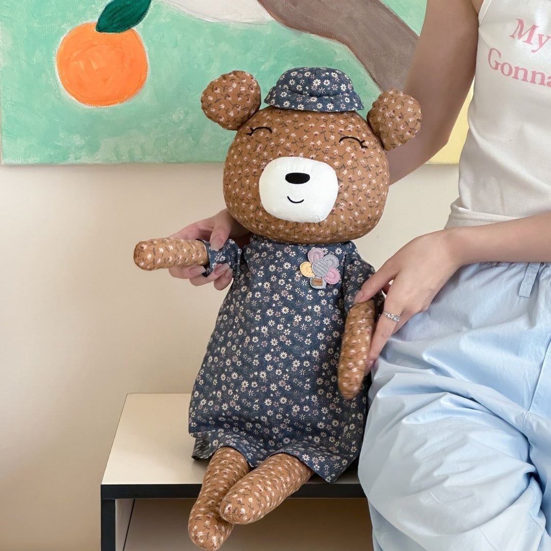 Large cuddly teddy bear made of cotton fabric with a floral shirt handmade