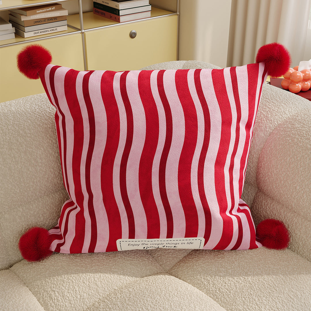 Decorative Cotton-Linen Square Throw Pillow with Pom-Pom Corners and Polka Dot Love Print