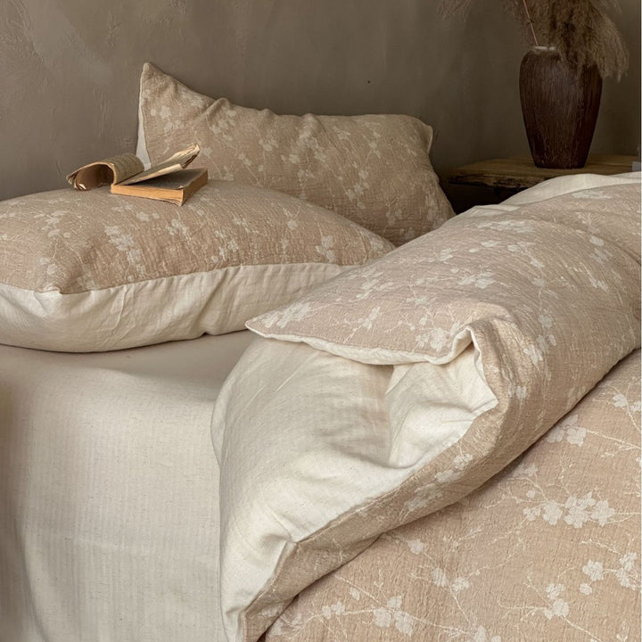 Luxurious cotton-linen bedding set with a lightweight quilted texture and floral jacquard