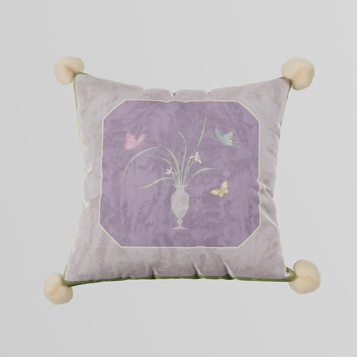 Decorative Velvet Throw Pillow Cover with Pom-Pom Corners and Botanical Butterfly Motif