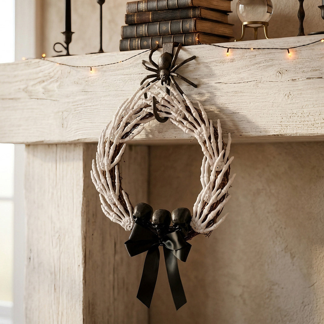 Creepy Halloween Door Wreath with Skeleton Hands, Three Skulls and Satin Ribbon