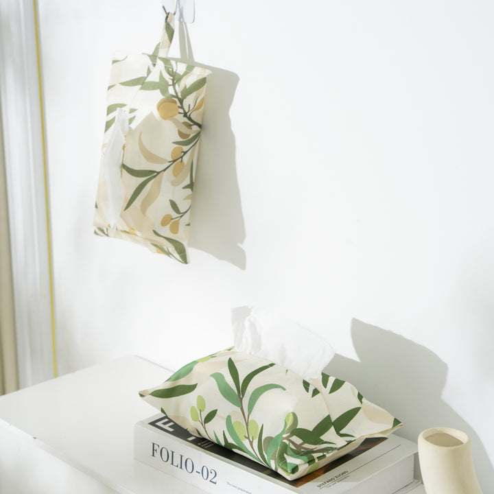 Decorative tissue box cover made of cotton blend fabric with botanical pattern