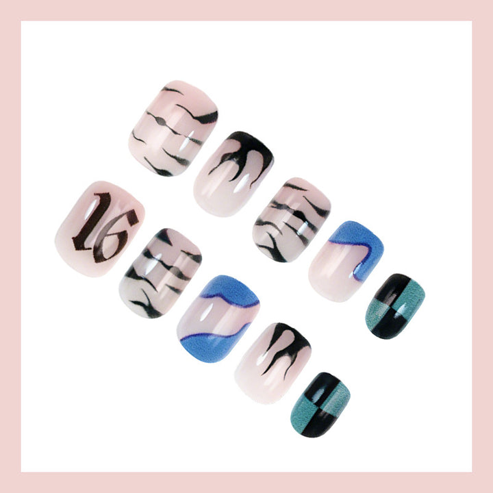 Nail set with modern graphic designs and shimmering accents Kalsten