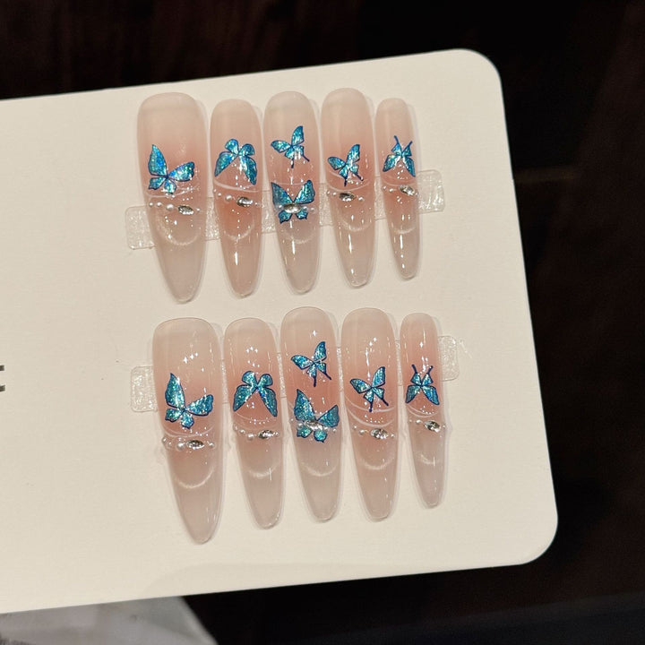 Artistic Press-On Nail Set with Butterfly Accents