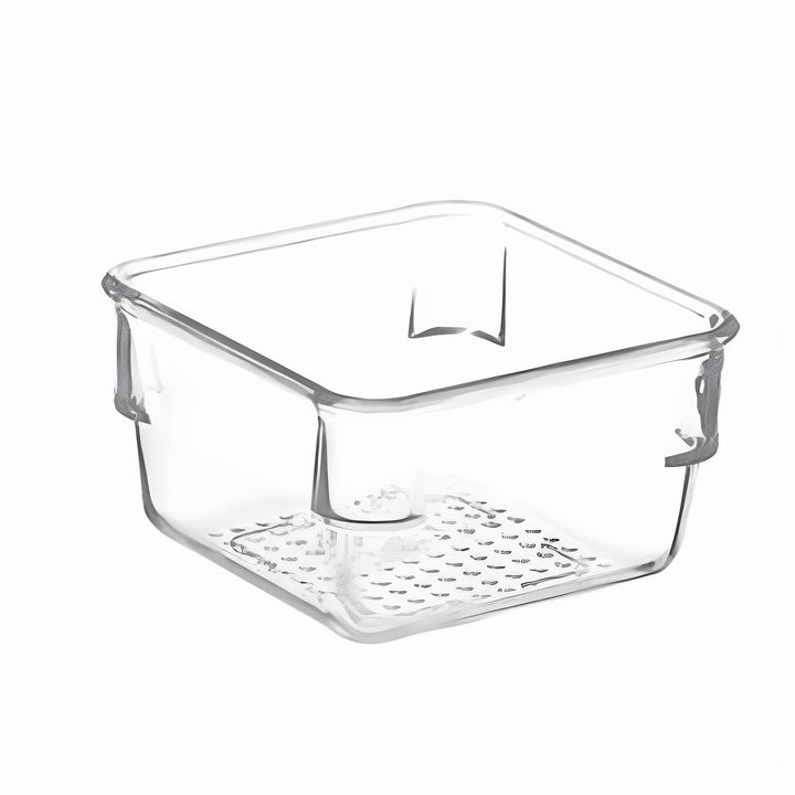 Transparent refrigerator door shelf with ribbed bottom and clip attachment