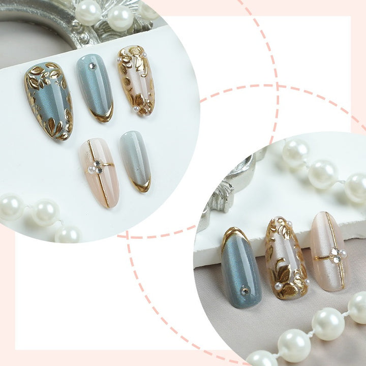 Artificial nail set with floral gold accents and elegant designs Kalsten