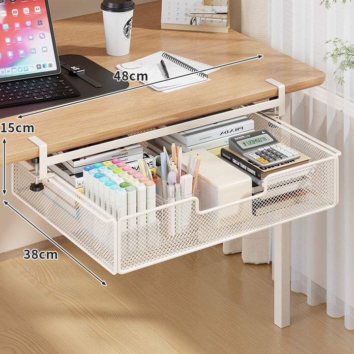 Clamp-On Under-Table Sliding Mesh Drawer with Adjustable Rail and Ventilated Metal Basket