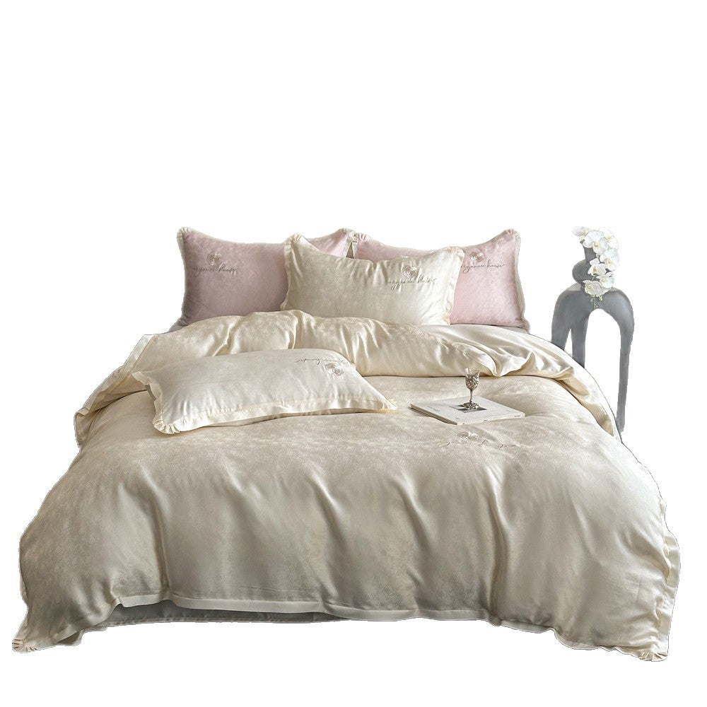 Luxurious cotton satin bedding set with jacquard relief and embroidered rose motif