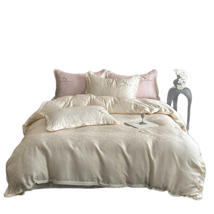 Luxurious cotton satin bedding set with jacquard relief and embroidered rose motif