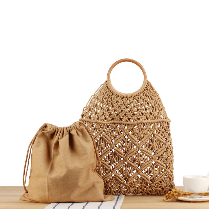 Macrame Tote Bag with Wooden Handle Kalsten