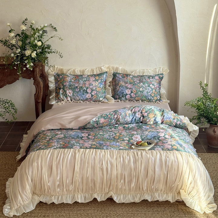Romantic bedding set with floral center panel and pleated satin ruffle