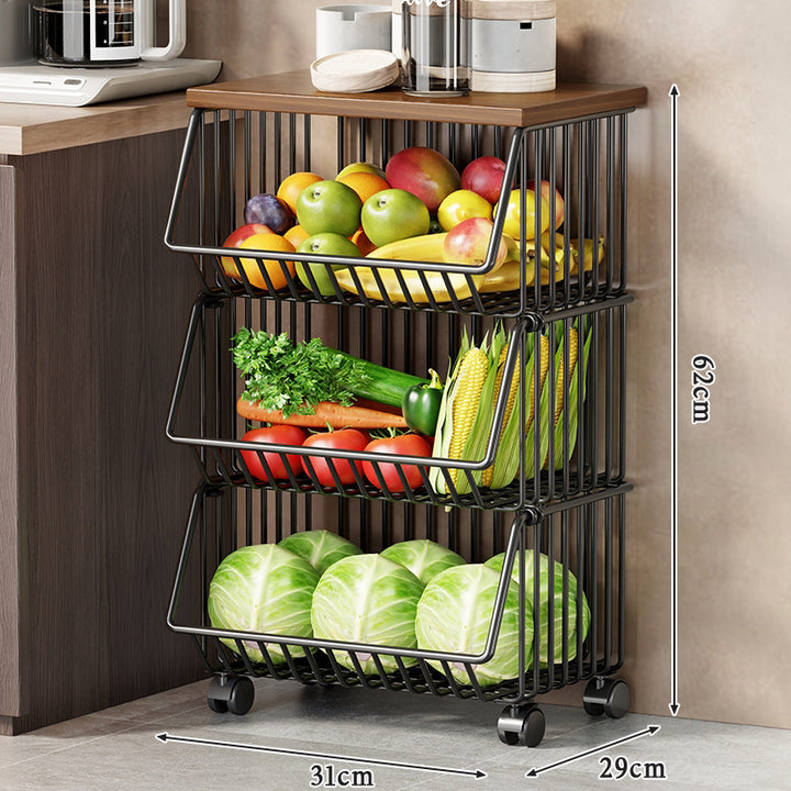 Slim Vertical Rolling Wire Produce and Pantry Organizer Cart with Wood Top