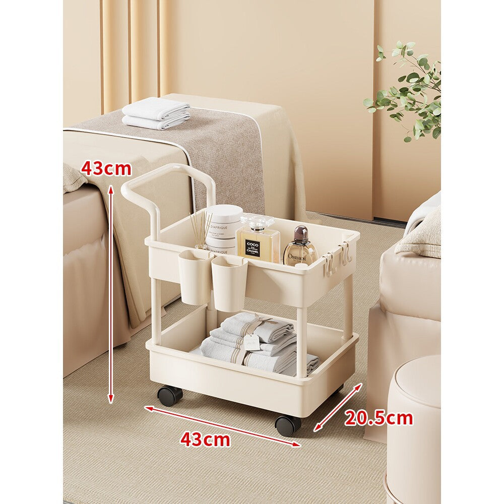 Compact Two-Tier Rolling Storage Trolley with Handle and Hooks