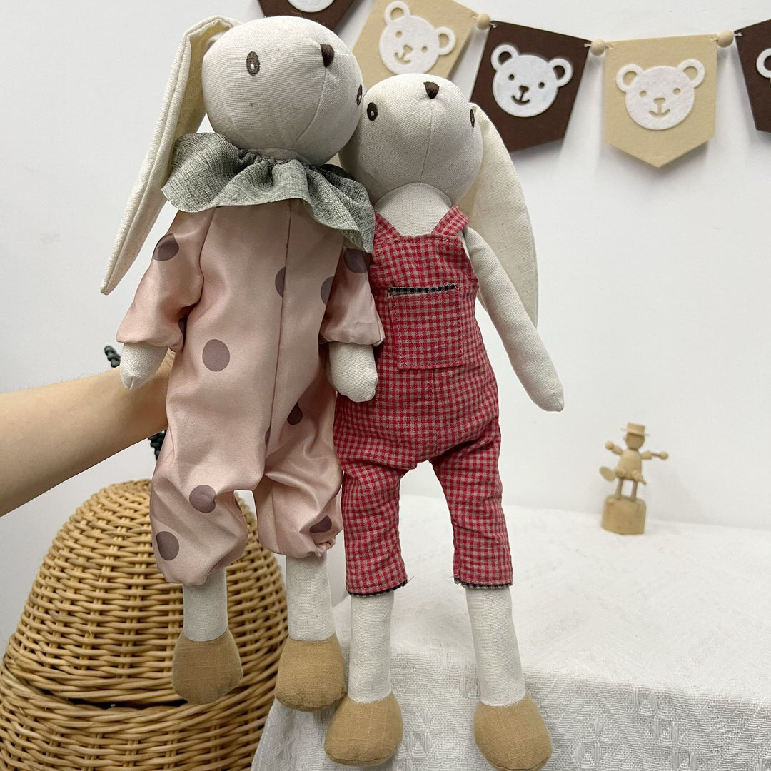 Handmade Linen Bunny Doll with Long Ears and Gingham Overalls