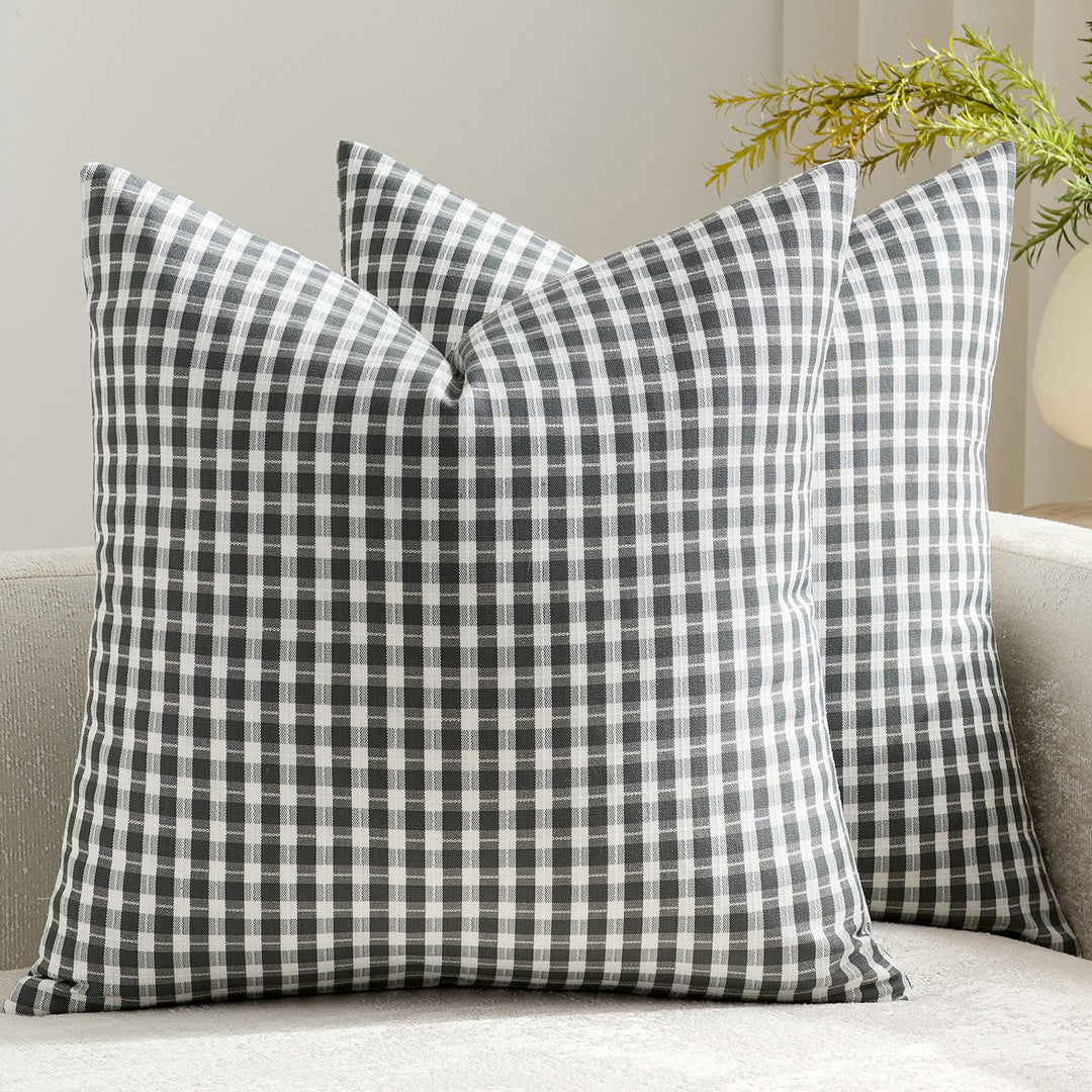 Gingham Cotton-Linen Square Throw Pillow Covers with Hidden Zipper Pair