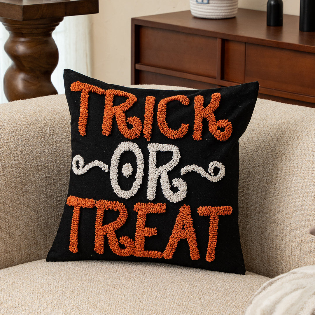 Embroidered decorative pillow cover with ghost tufting and hidden zipper