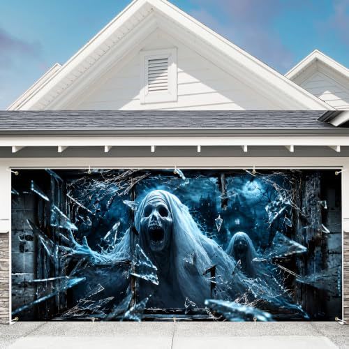 Large-format Halloween photo background made of weatherproof polyester with grommeted fastening edge and bright Haunted House motif