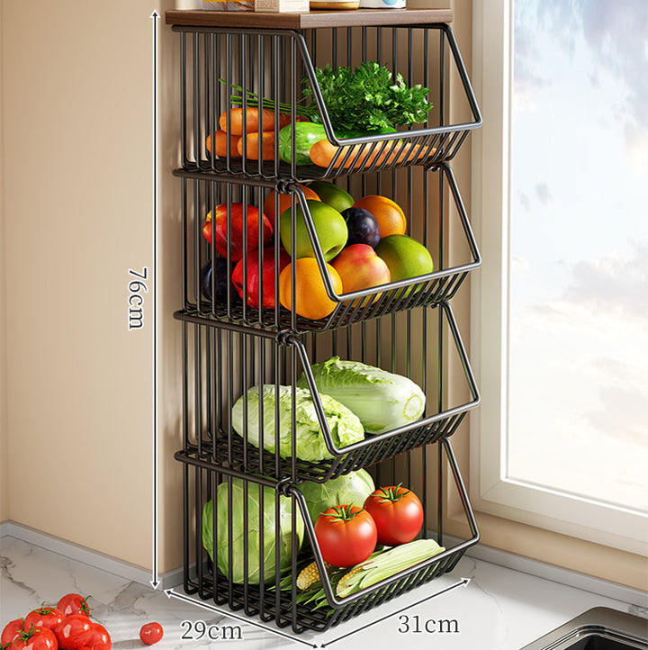 Countertop Wooden Top Metal Wire Fruit and Vegetable Storage Rack