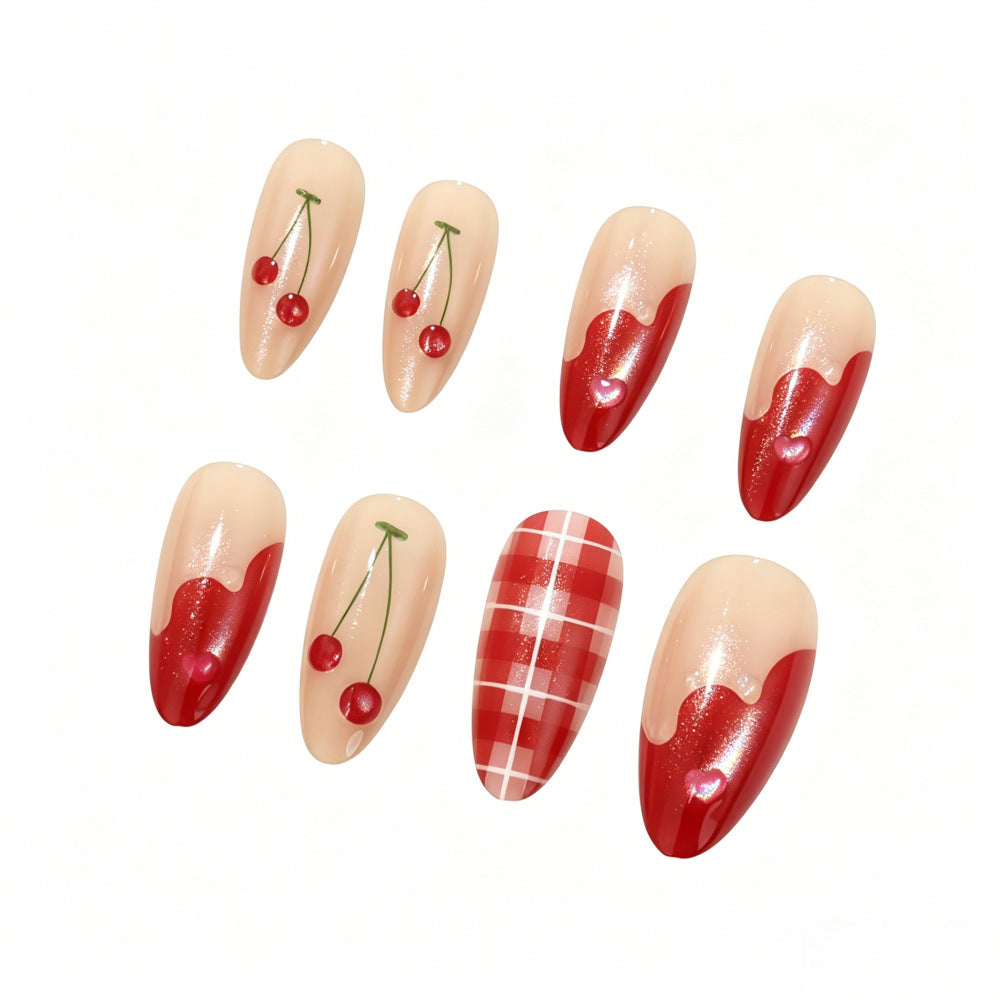 Artificial nails with romantic cherry and checkered pattern Kalsten
