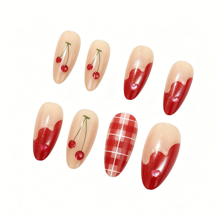 Artificial nails with romantic cherry and checkered pattern Kalsten