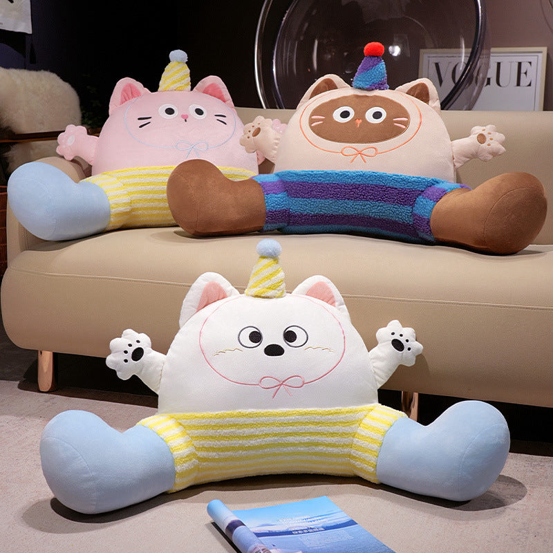 Large plush reading pillow with armrests and cute cat design