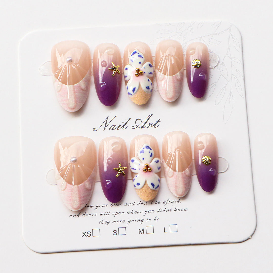 Artistic Press-On Nail Set with Floral Accents