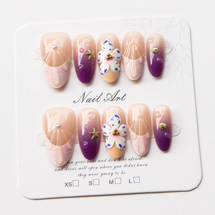 Artistic Press-On Nail Set with Floral Accents