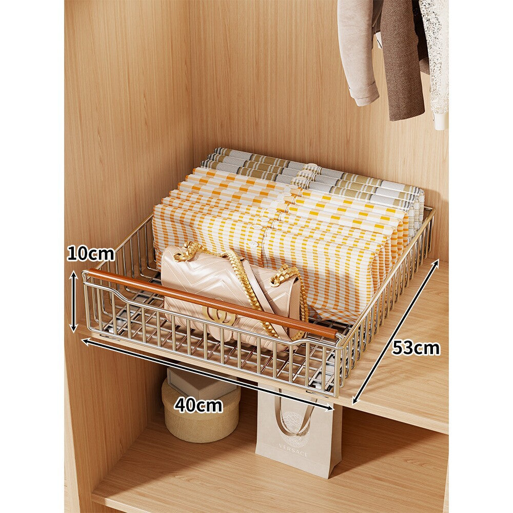 Pull-Out Sliding Closet Basket Organizer with Wooden Front