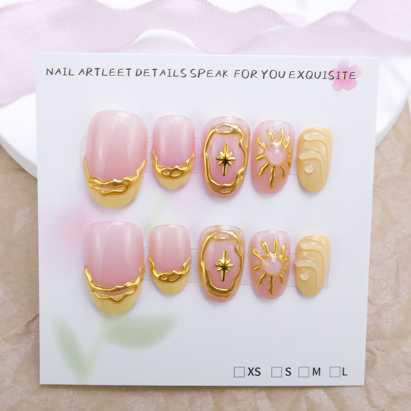 Acrylic nail set with elegant gold embellishments and creative designs Kalsten
