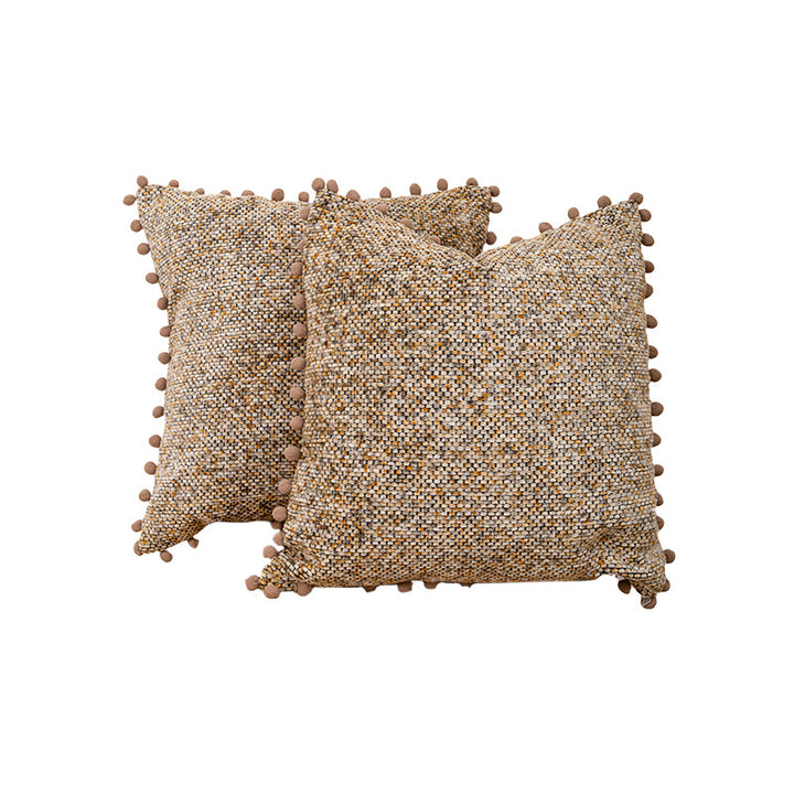Decorative Textured Bouclé Throw Pillow Set with Pom-Pom Trim